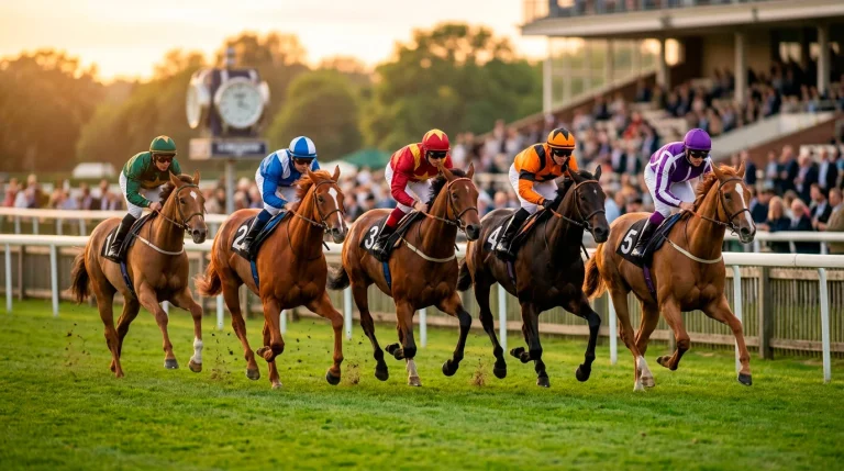 Akkumulator-Wetten Pferd: Mehrere Rennpferde galoppieren nacheinander auf der Rennbahn