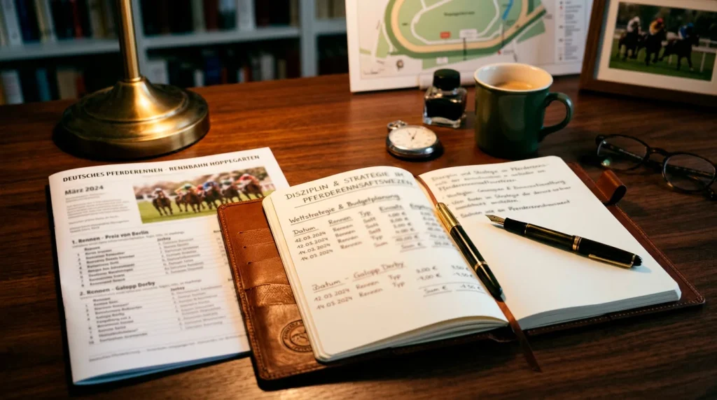 Bankroll Management: Notizbuch mit Wettaufzeichnungen neben Rennprogramm