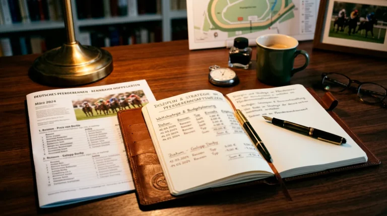 Bankroll Management: Notizbuch mit Wettaufzeichnungen neben Rennprogramm