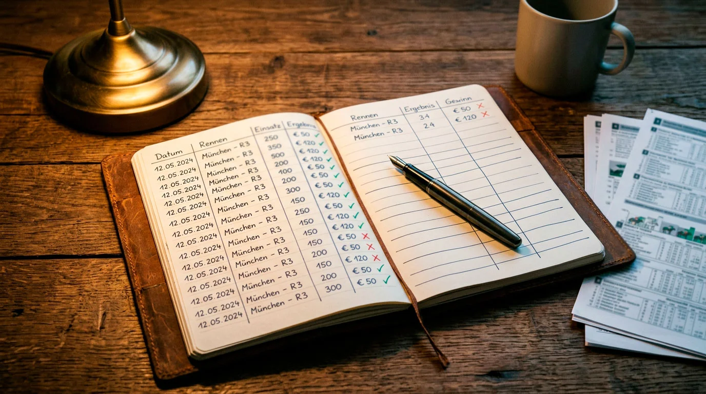 Notizbuch mit Wettstatistiken und handschriftlichen Analysen neben einem Stift