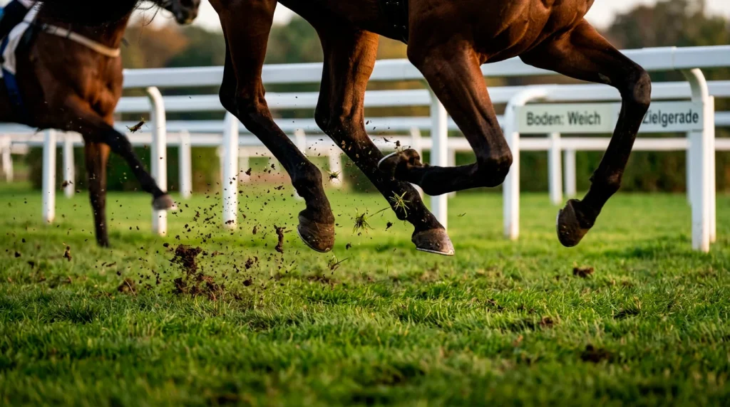 Bodenverhältnisse Pferderennen: Pferdehufe auf weichem Geläuf mit Grasnarbe