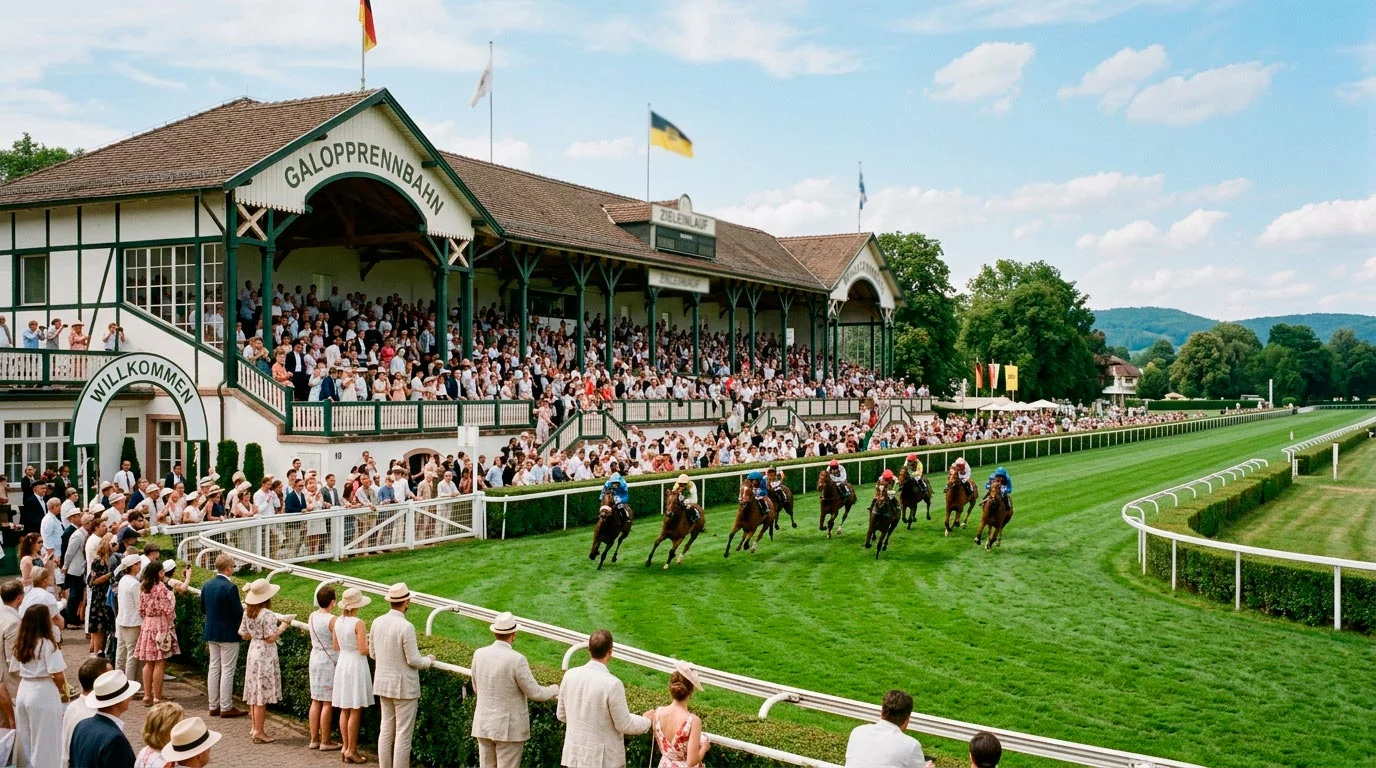 Elegante Tribüne einer deutschen Rennbahn mit Zuschauern bei einem Galopprennen