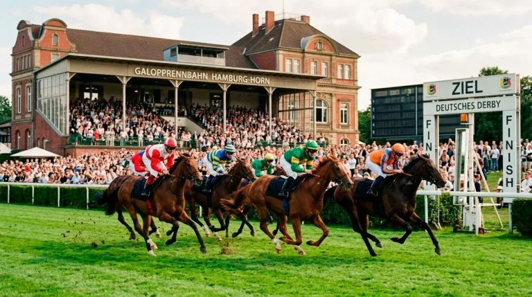 Deutsches Derby: Rennbahn Hamburg-Horn mit galoppierenden Pferden