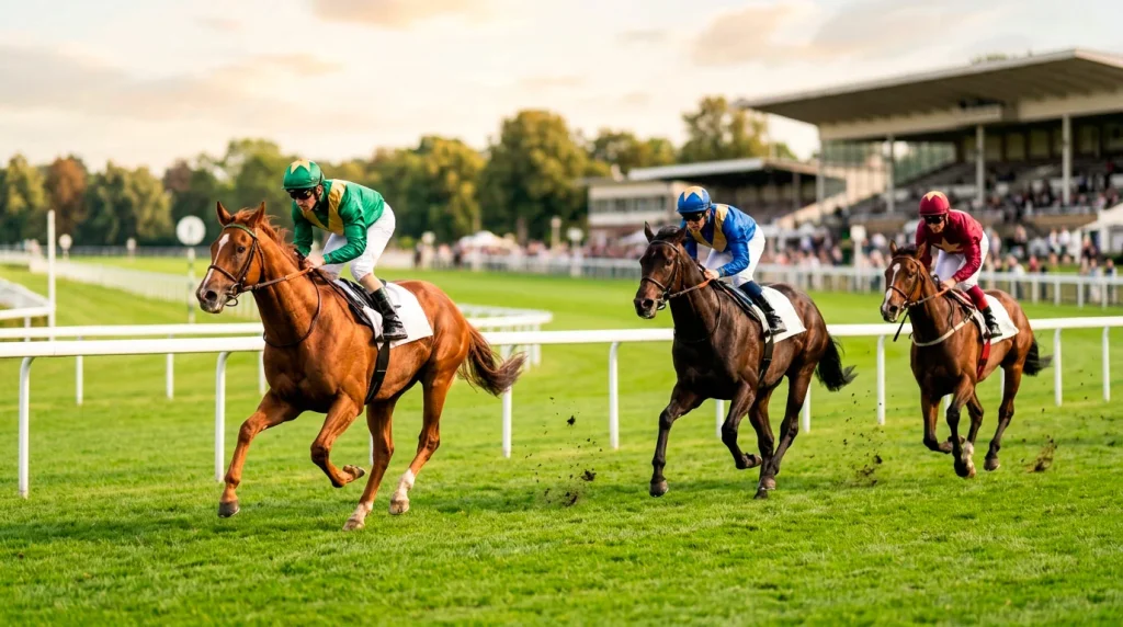 Dreierwette Trifecta: Drei Rennpferde galoppieren auf der Rennbahn