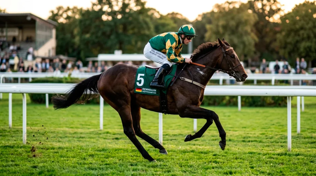 Formzahlen Pferd: Rennpferd mit Startnummer galoppiert auf der Bahn