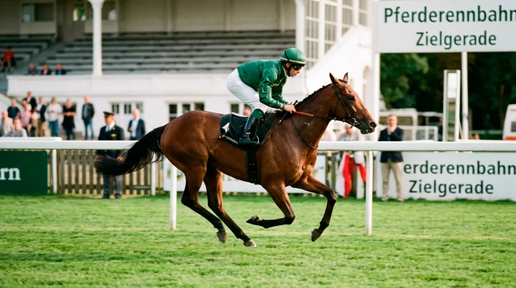 Galopprennen vs Trabrennen: Galoppierendes Vollblut auf grüner Rennbahn