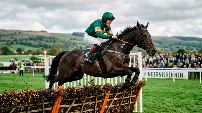 Hindernisrennen: Rennpferd springt über Heckenhindernis bei Steeplechase