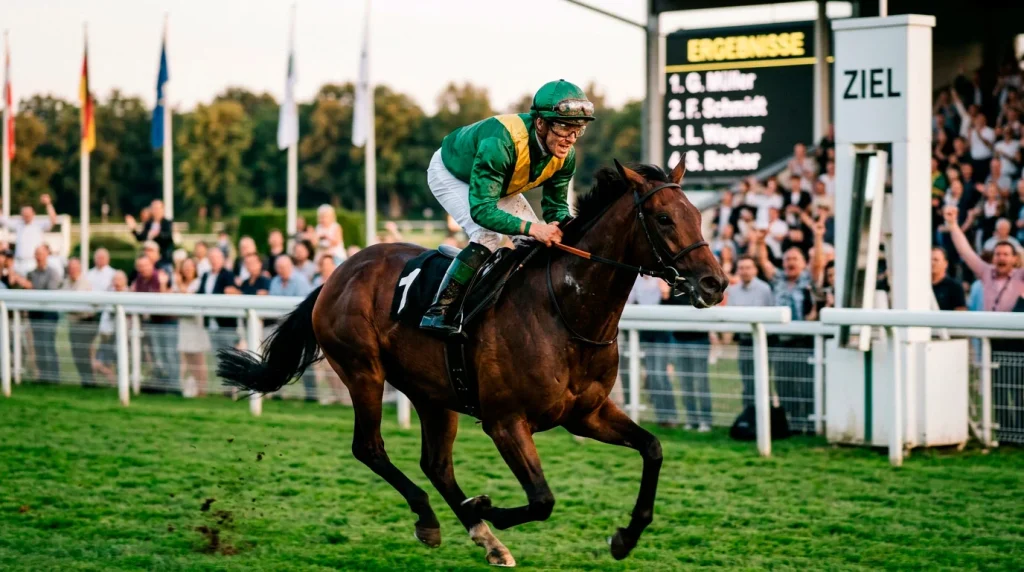 Jockey Statistiken: Jockey in bunten Seidenfarben auf Rennpferd in Aktion