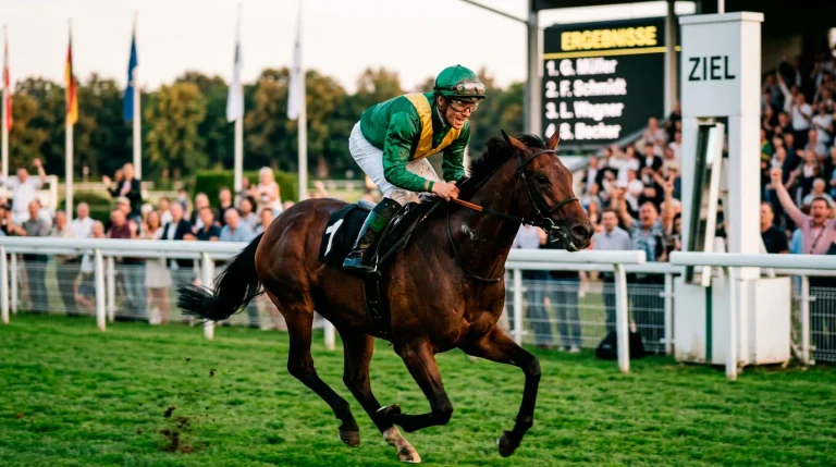 Jockey Statistiken: Jockey in bunten Seidenfarben auf Rennpferd in Aktion