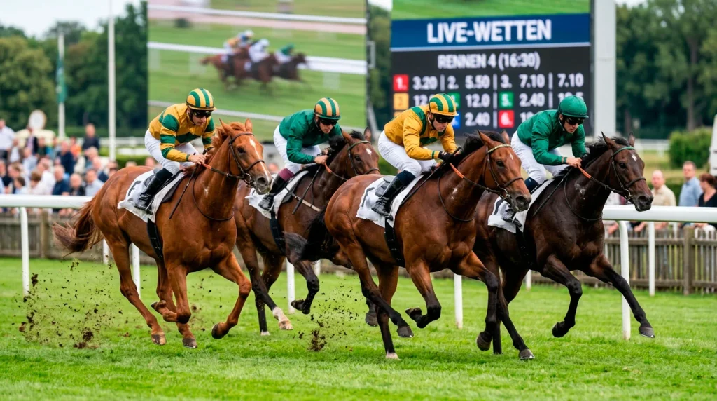 Live Pferdewetten: Rennpferde im vollen Galopp während des Rennens