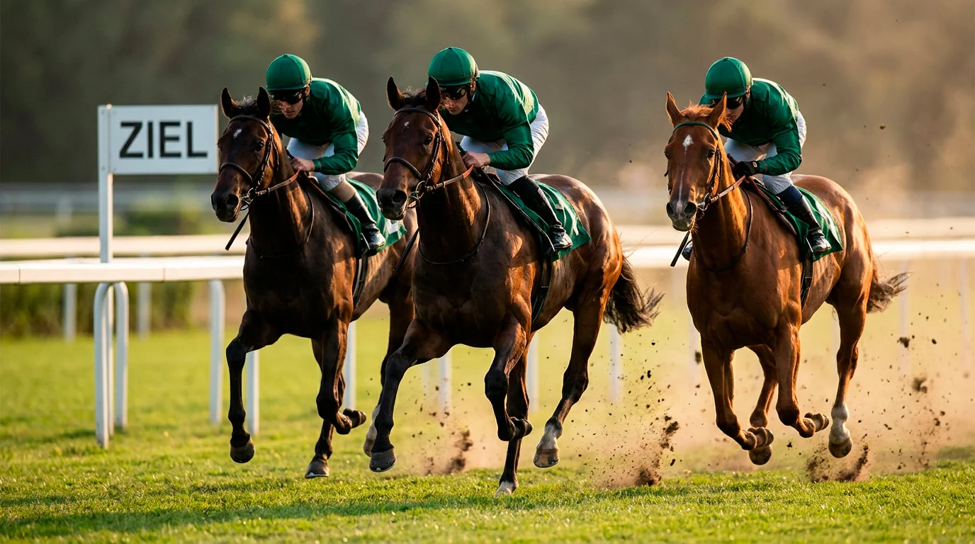 Galoppierende Rennpferde mit Jockeys auf einer Rennbahn bei Sonnenschein