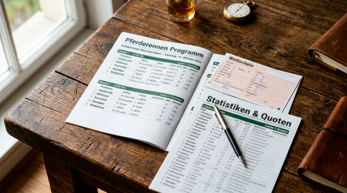 Verschiedene Wettscheine und Rennprogramm auf einem Holztisch