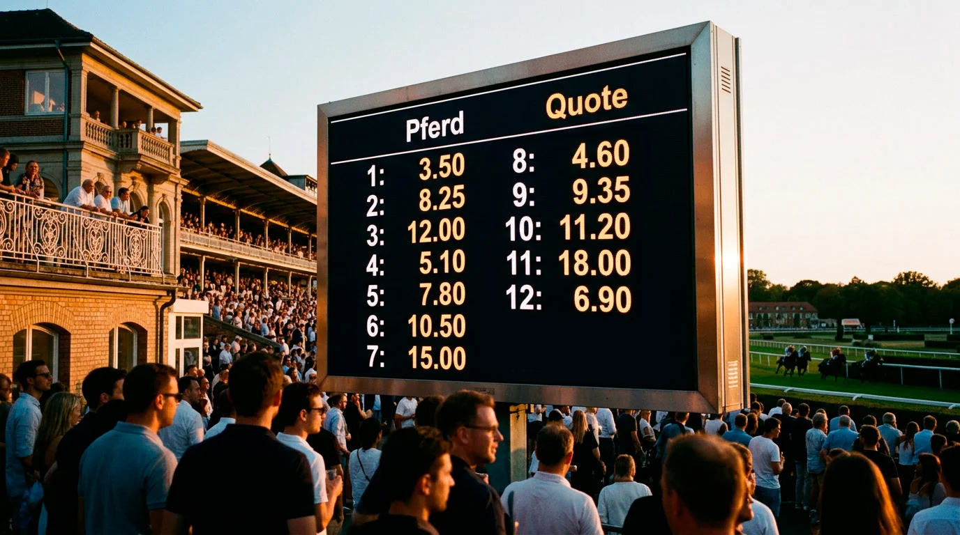 Anzeigetafel mit Wettquoten und Rennstatistiken auf einer Rennbahn