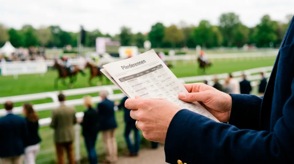 Racecard lesen: Hand hält Rennprogramm vor der Pferderennbahn