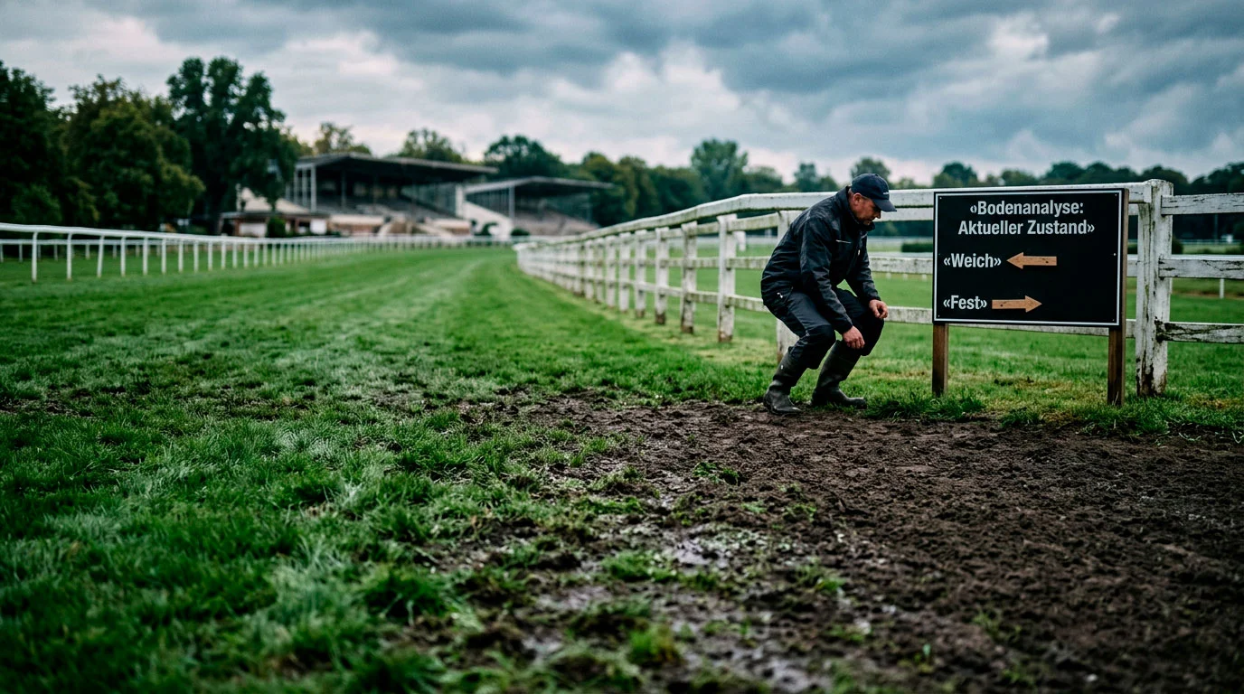 Rennbahn mit unterschiedlichen Bodenbedingungen bei wechselhaftem Wetter