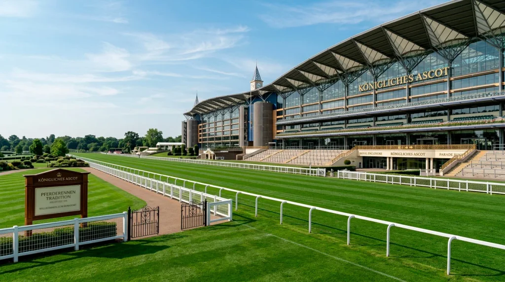 Royal Ascot: Elegante Rennbahn Ascot mit Tribüne und grünem Geläuf