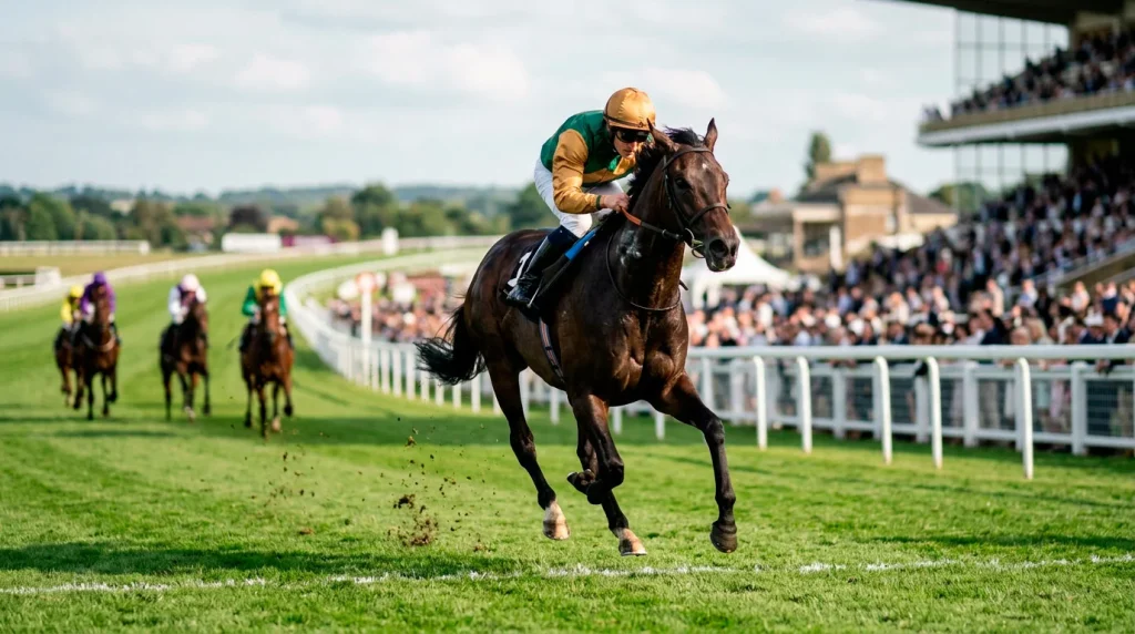 Siegwette Pferd: Jockey auf Rennpferd überquert als Erster die Ziellinie