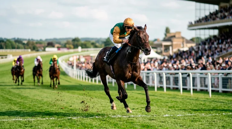Siegwette Pferd: Jockey auf Rennpferd überquert als Erster die Ziellinie