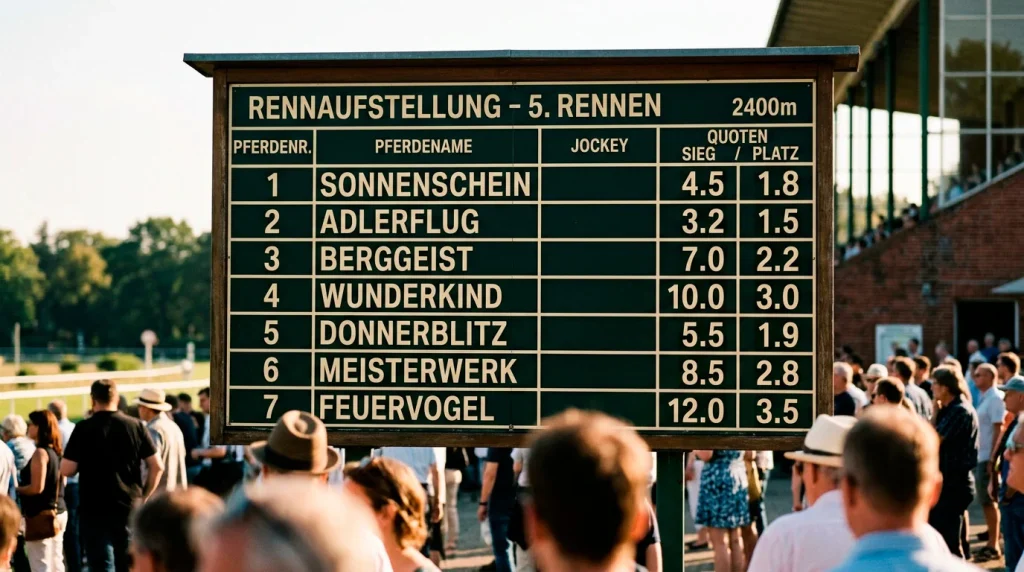 Totalisator System: Klassische Anzeigetafel mit Quoten auf der Pferderennbahn