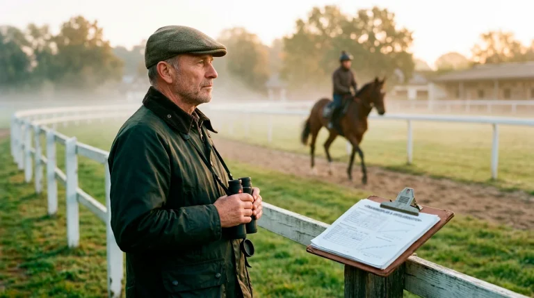 Trainer Erfolgsquoten: Trainer beobachtet sein Rennpferd auf der Trainingsbahn