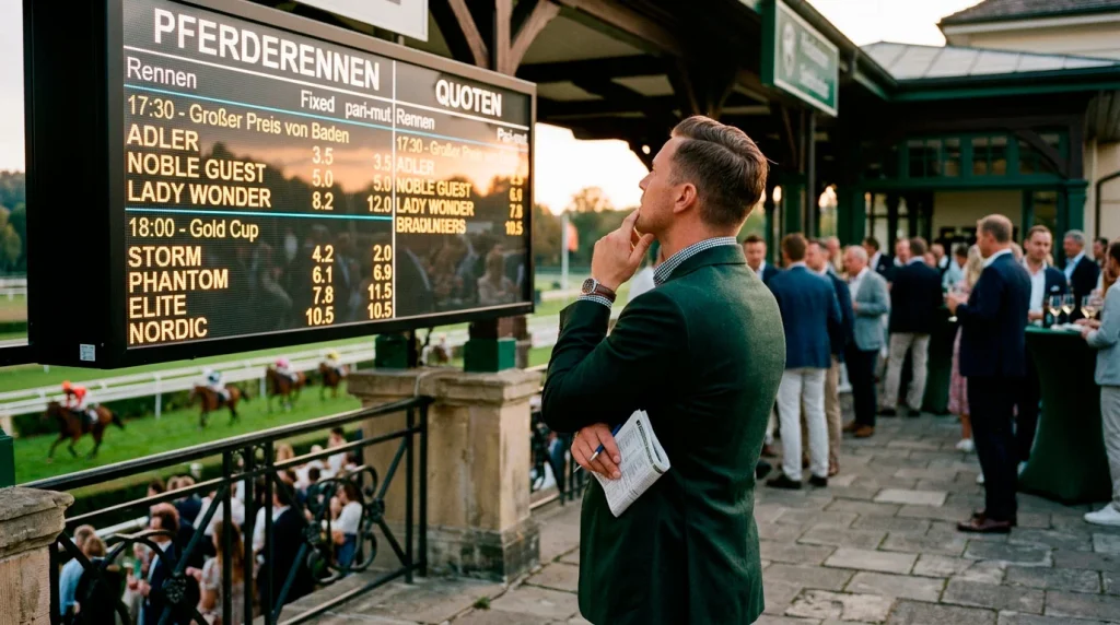 Value Betting Pferdewetten: Konzentrierter Blick auf Quotentafel an der Rennbahn