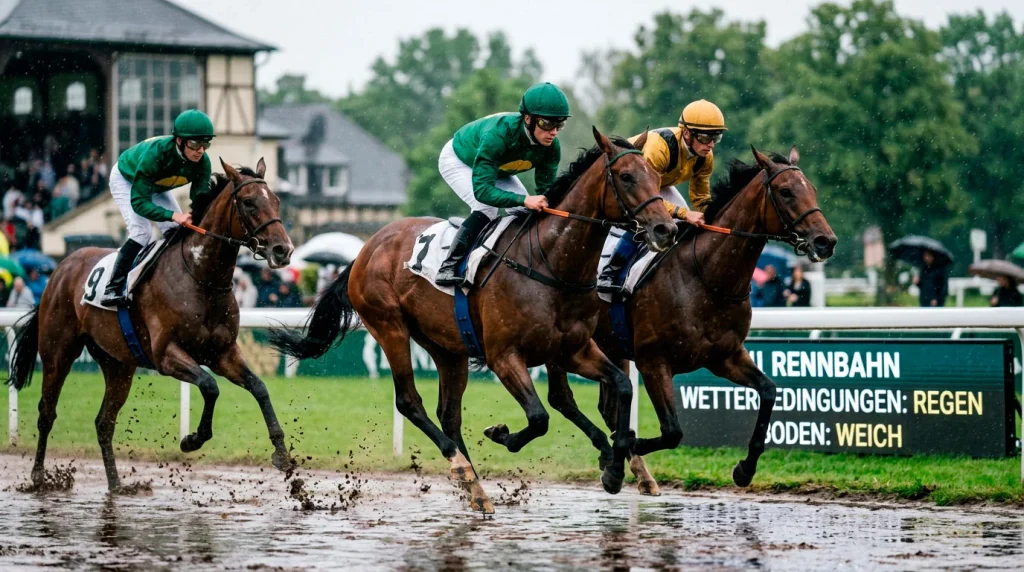 Wetter Einfluss Pferdewetten: Rennpferde galoppieren bei Regenwetter auf nasser Bahn
